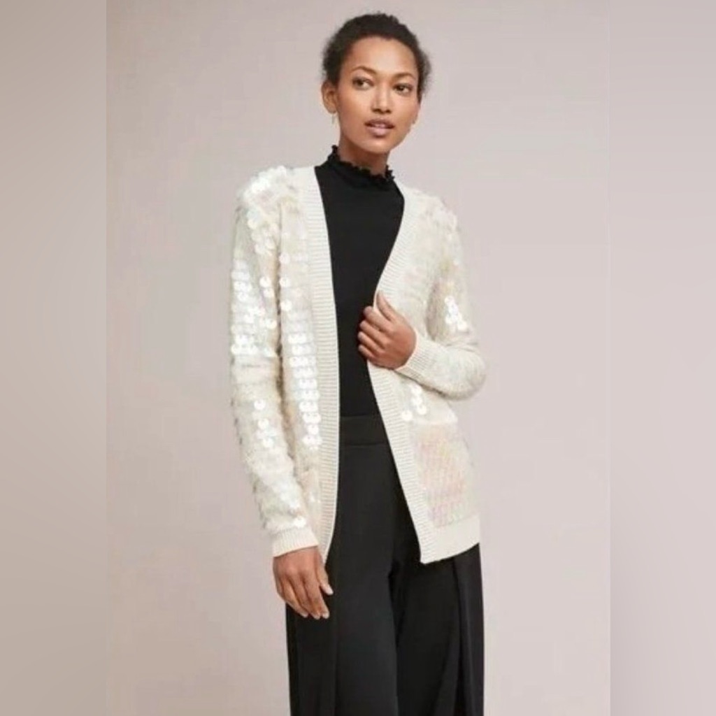 $398 Knitted & Knotted Anthropologie Paillette Wool Blend Cardigan Sweater